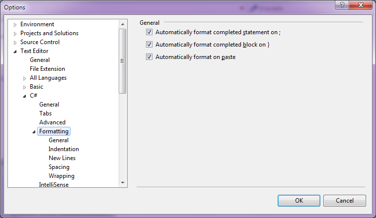 Visual Studio 2008 Options dialog showing the C# formatting settings
