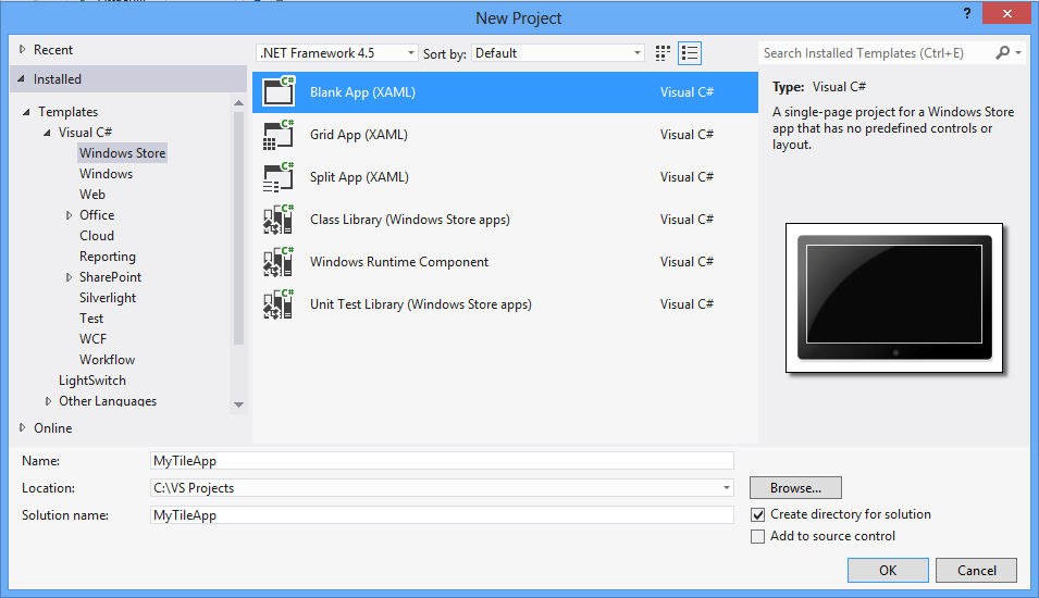 Visual Studio New Project dialog showing the Windows Store templates