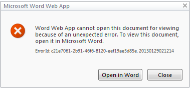 Word Web App error message saying it cannot open the document for viewing