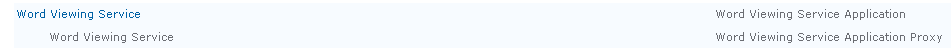 Manage service applications list showing the Word Viewing Service proxy