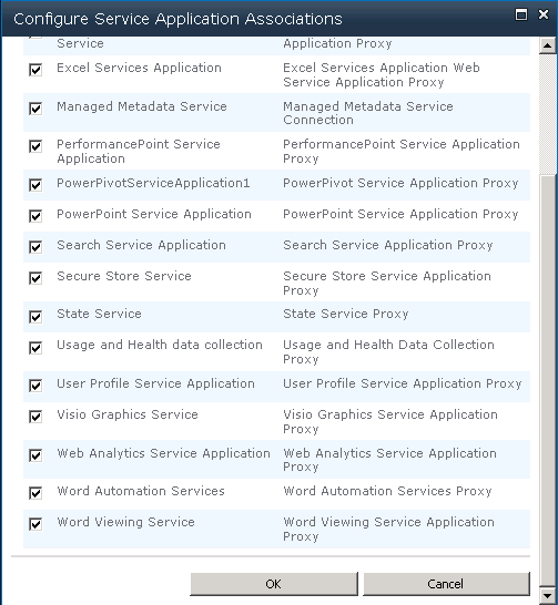 Service Connections dialog with the Word Viewing Service proxy ticked