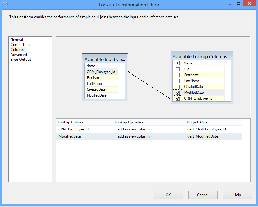 Lookup transformation settings