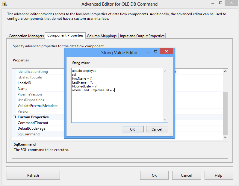 SQL update statement for the OLE DB Command