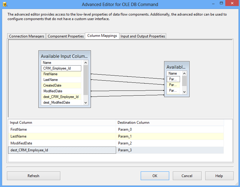 OLE DB Command parameter to column mappings