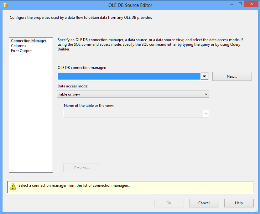 OLE DB Source editor