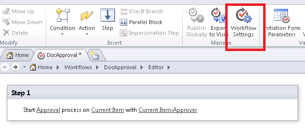 Workflow Settings on the ribbon