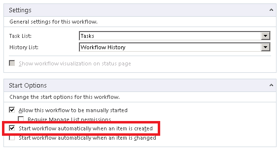 Start options for the workflow