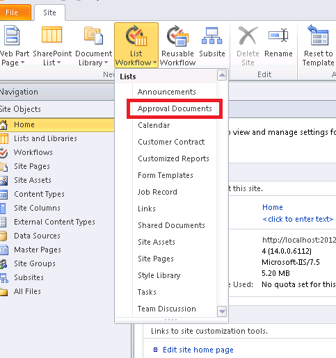 List Workflow on the ribbon