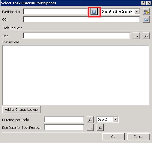 Select Task Process Participants dialog with the address book button highlighted