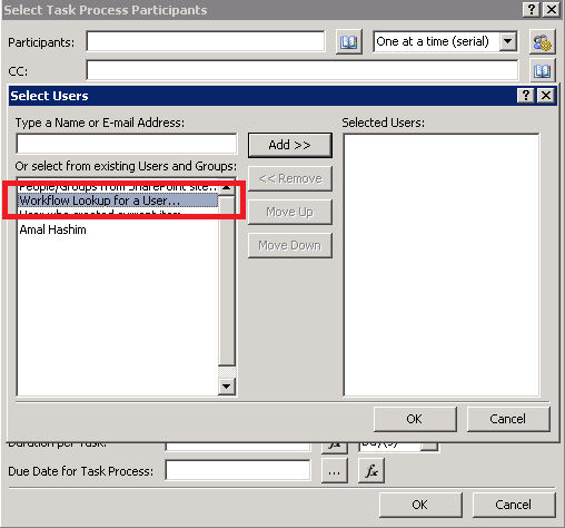 Select Users dialog with Workflow Lookup for a User highlighted