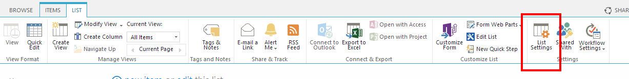 The list settings page