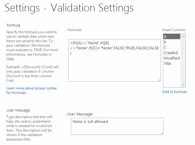 The validation formula and user message fields