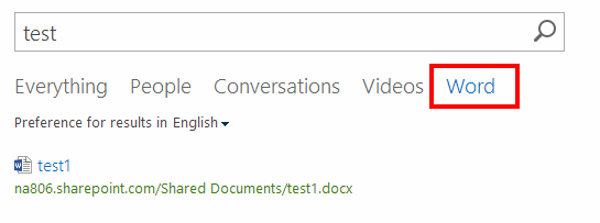 The search centre showing the new Word vertical