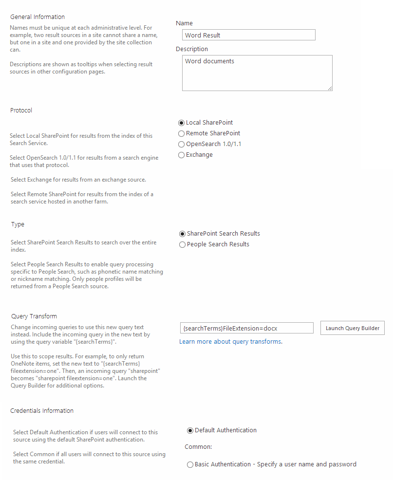 The Result Source details form