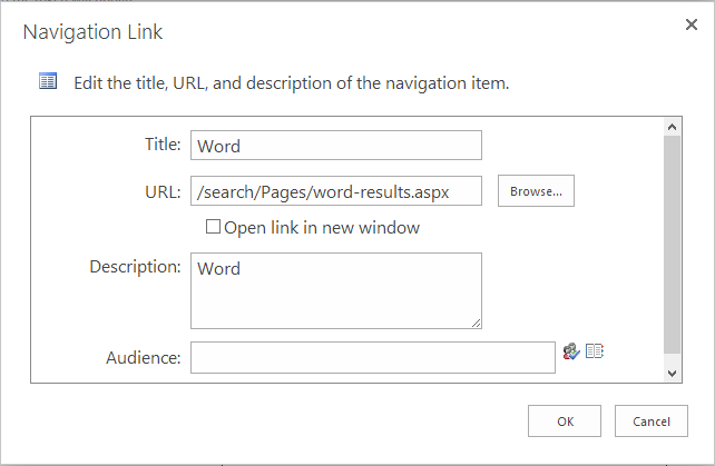 The Add Link form for the new search vertical